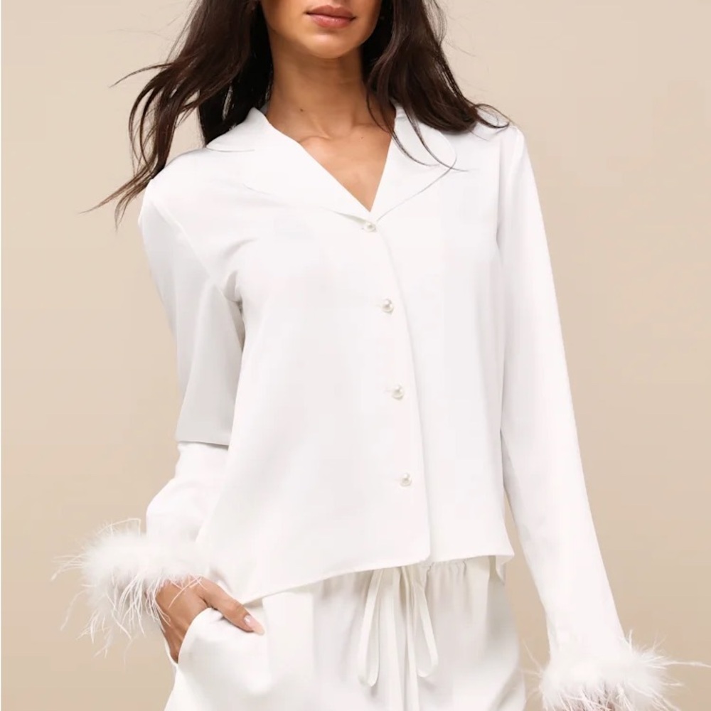 Lulu’s Lindon Ivory Satin Feather Two-Piece Pajama Set